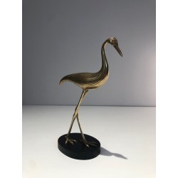 Modernist Polished Brass Heron Sculpture on Ebonised Wood Base, French circa 1970