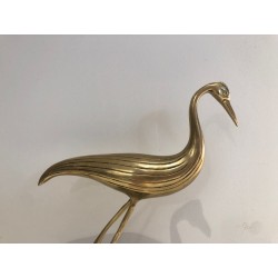Modernist Polished Brass Heron Sculpture on Ebonised Wood Base, French circa 1970