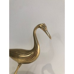 Modernist Polished Brass Heron Sculpture on Ebonised Wood Base, French circa 1970