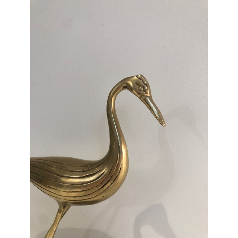 Modernist Polished Brass Heron Sculpture on Ebonised Wood Base, French circa 1970