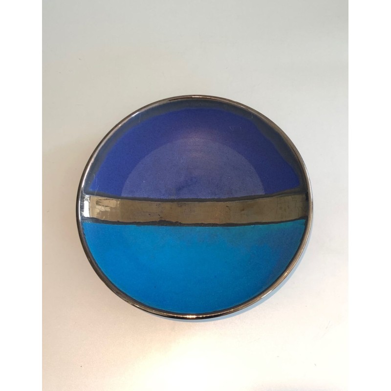 Large Glazed Ceramic Dish with Abstract Banded Blue Decoration, French circa 1970