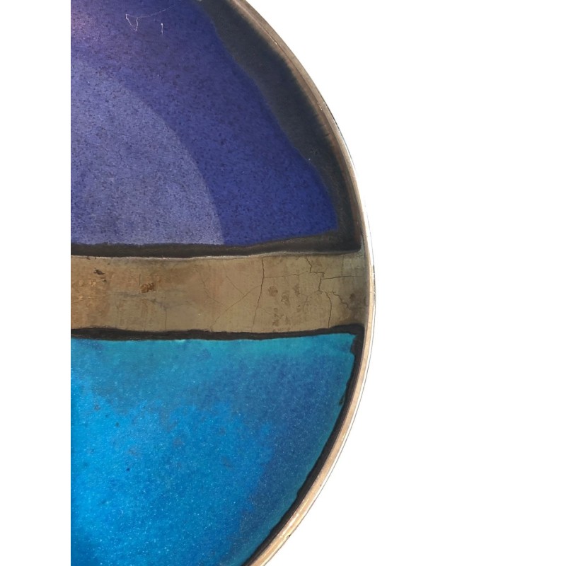 Large Glazed Ceramic Dish with Abstract Banded Blue Decoration, French circa 1970