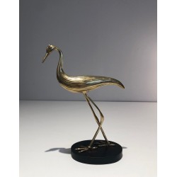 Modernist Polished Brass Heron Sculpture on Ebonised Wood Base, French circa 1970