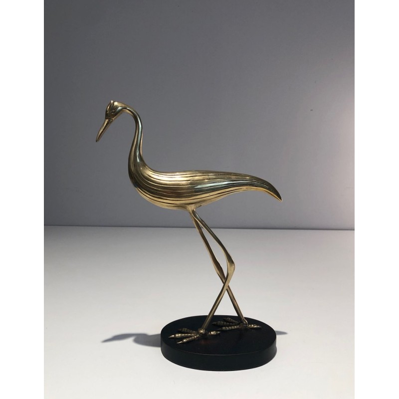 Modernist Polished Brass Heron Sculpture on Ebonised Wood Base, French circa 1970