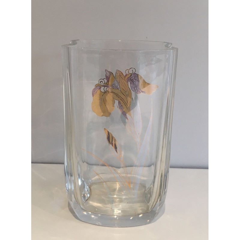 Vase en Verre Clair à Décor de Fleur Dorée, France vers 1970