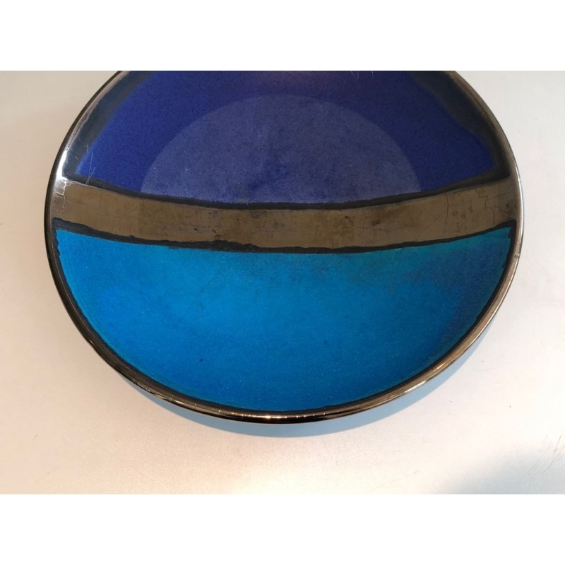 Large Glazed Ceramic Dish with Abstract Banded Blue Decoration, French circa 1970