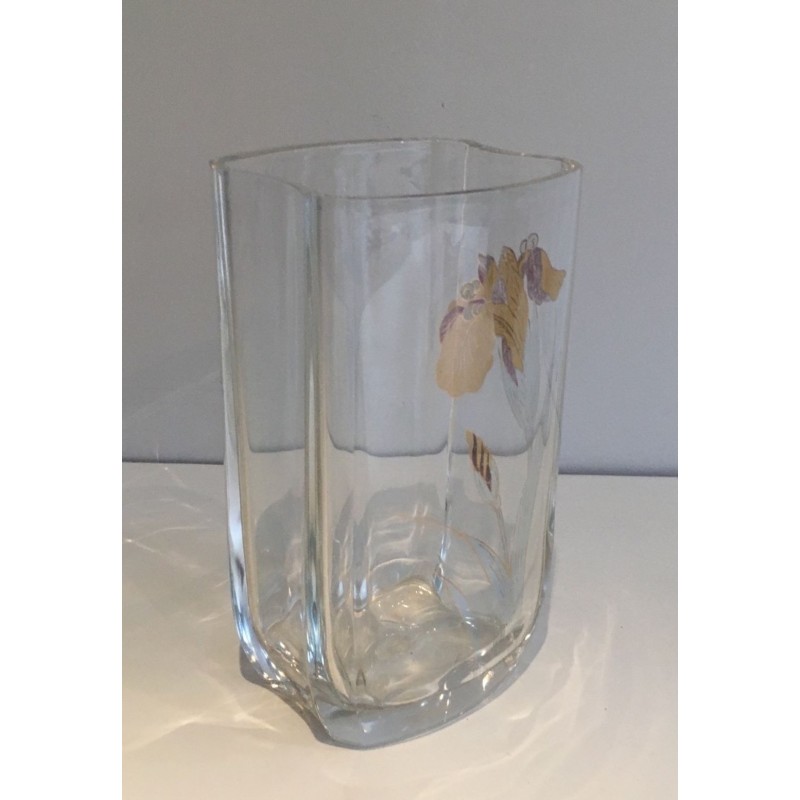Clear Glass Vase with Gilt Flower Decoration, French circa 1970