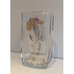 Vase en Verre Clair à Décor de Fleur Dorée, France vers 1970