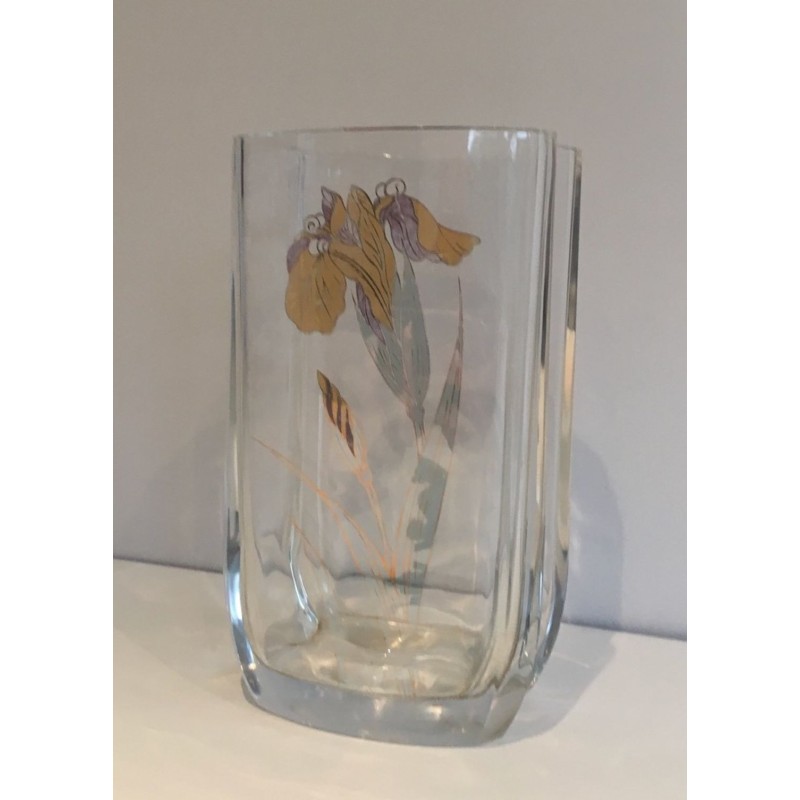 Clear Glass Vase with Gilt Flower Decoration, French circa 1970