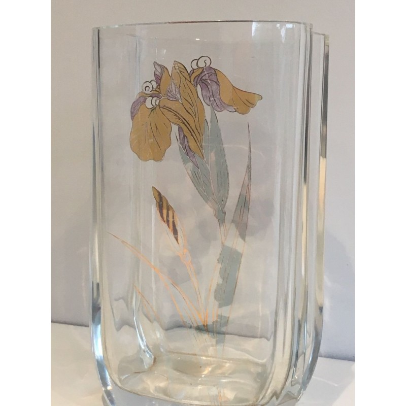 Clear Glass Vase with Gilt Flower Decoration, French circa 1970