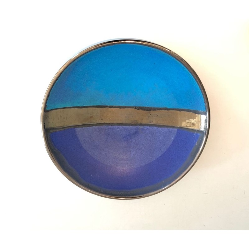 Large Glazed Ceramic Dish with Abstract Banded Blue Decoration, French circa 1970