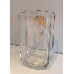 Vase en Verre Clair à Décor de Fleur Dorée, France vers 1970