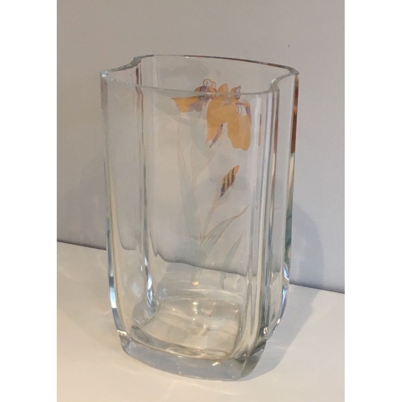 Vase en Verre Clair à Décor de Fleur Dorée, France vers 1970