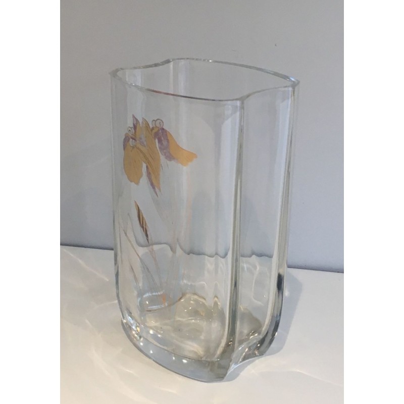 Clear Glass Vase with Gilt Flower Decoration, French circa 1970