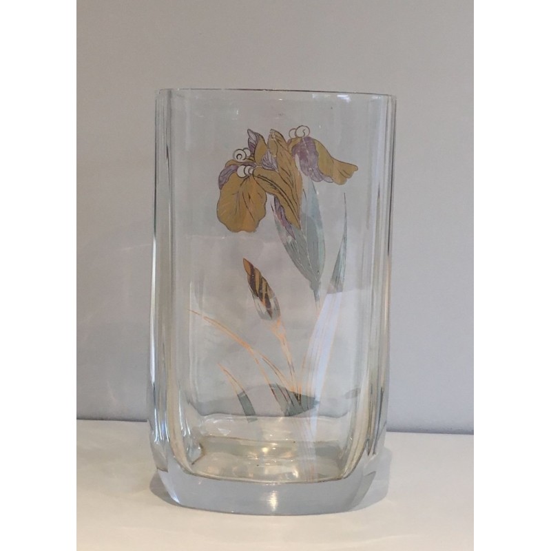 Vase en Verre Clair à Décor de Fleur Dorée, France vers 1970