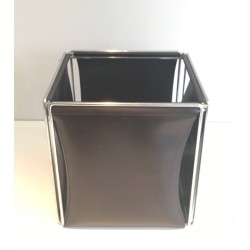 Modernist Chrome and Black Faux-Leather Waste Paper Basket, French circa 1970