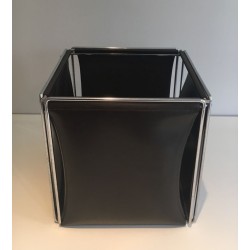 Modernist Chrome and Black Faux-Leather Waste Paper Basket, French circa 1970