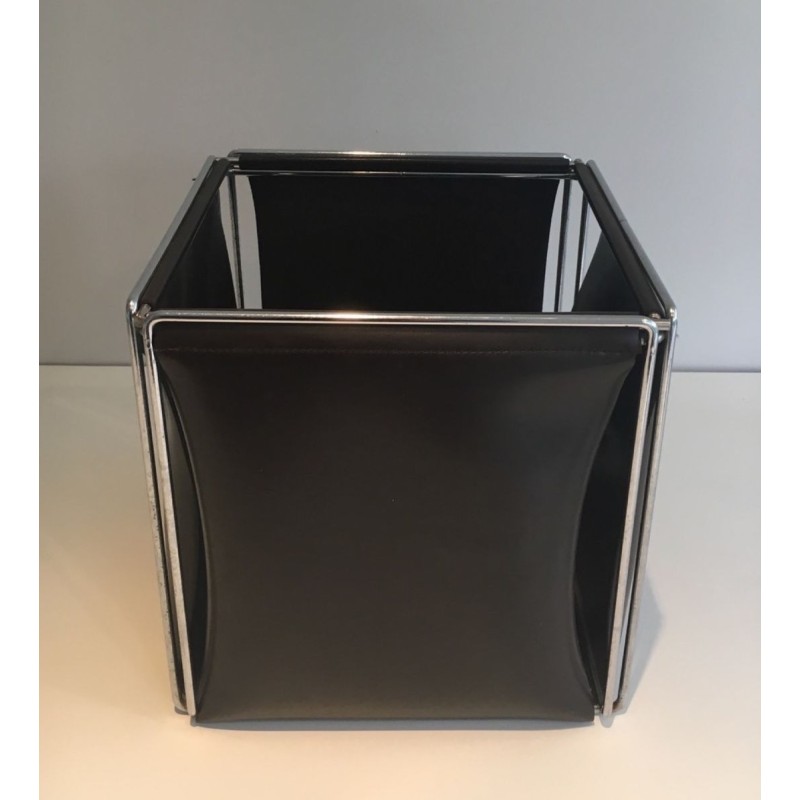 Modernist Chrome and Black Faux-Leather Waste Paper Basket, French circa 1970