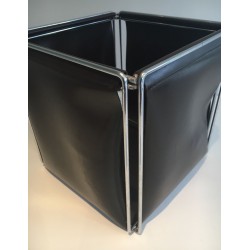 Modernist Chrome and Black Faux-Leather Waste Paper Basket, French circa 1970