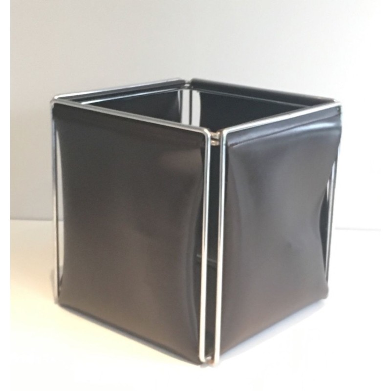 Modernist Chrome and Black Faux-Leather Waste Paper Basket, French circa 1970
