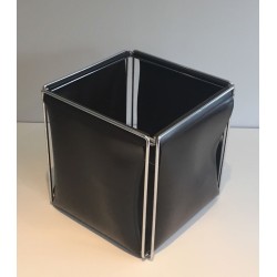 Modernist Chrome and Black Faux-Leather Waste Paper Basket, French circa 1970