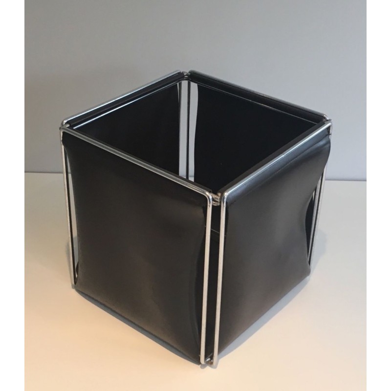 Modernist Chrome and Black Faux-Leather Waste Paper Basket, French circa 1970
