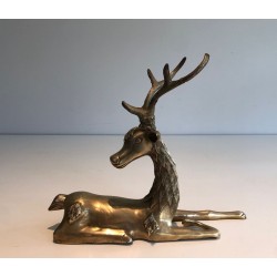 Decorative Bronze Recumbent Stag with Engraved Shamanic Motifs, French circa 1970