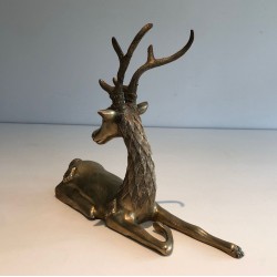 Decorative Bronze Recumbent Stag with Engraved Shamanic Motifs, French circa 1970