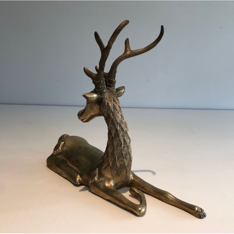 Decorative Bronze Recumbent Stag with Engraved Shamanic Motifs, French circa 1970