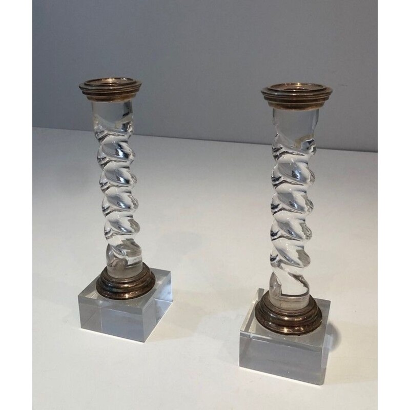 Pair of Modernist Twisted Lucite and Silver-Plated Candlesticks, French circa 1970