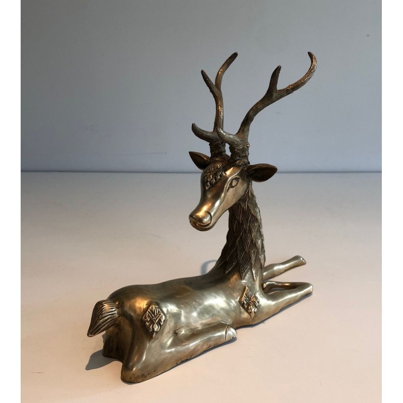 Decorative Bronze Recumbent Stag with Engraved Shamanic Motifs, French circa 1970
