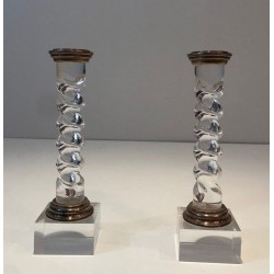 Pair of Modernist Twisted Lucite and Silver-Plated Candlesticks, French circa 1970