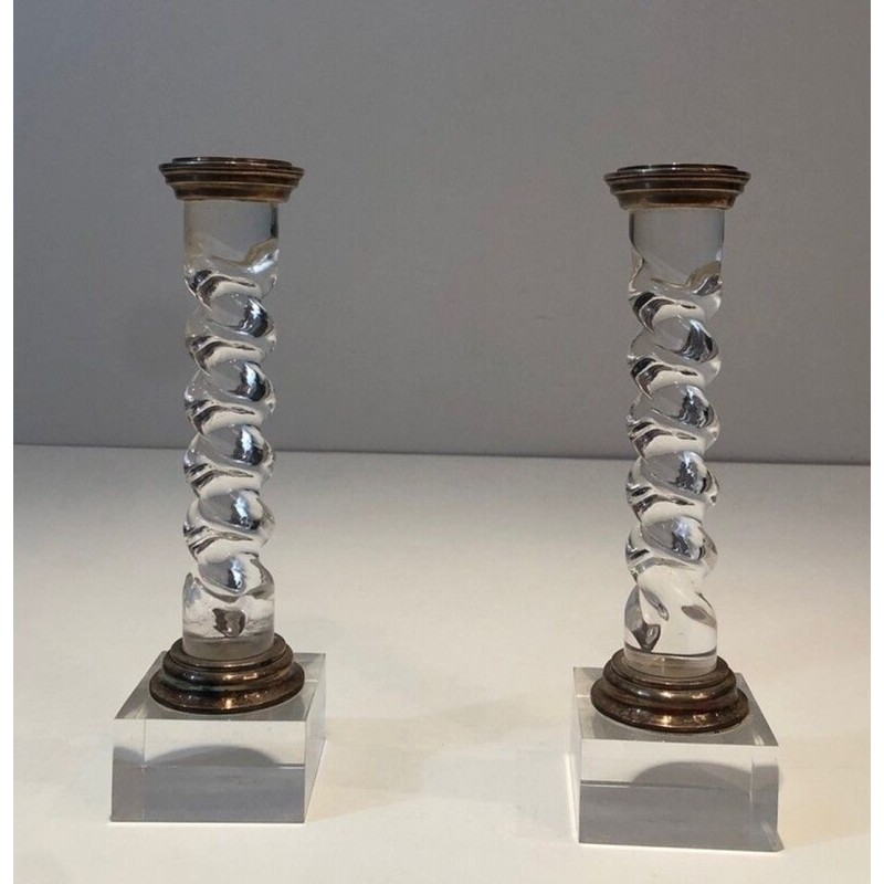 Pair of Modernist Twisted Lucite and Silver-Plated Candlesticks, French circa 1970