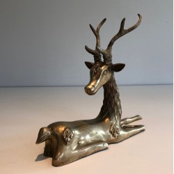 Decorative Bronze Recumbent Stag with Engraved Shamanic Motifs, French circa 1970