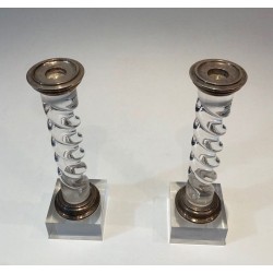 Pair of Modernist Twisted Lucite and Silver-Plated Candlesticks, French circa 1970