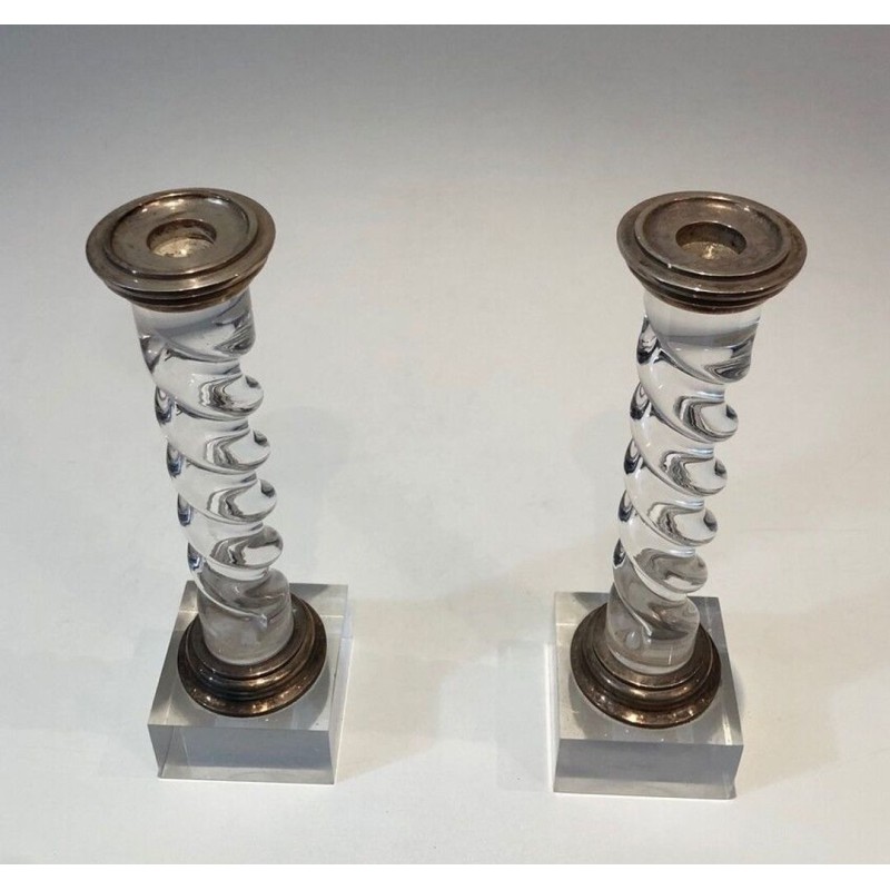 Pair of Modernist Twisted Lucite and Silver-Plated Candlesticks, French circa 1970