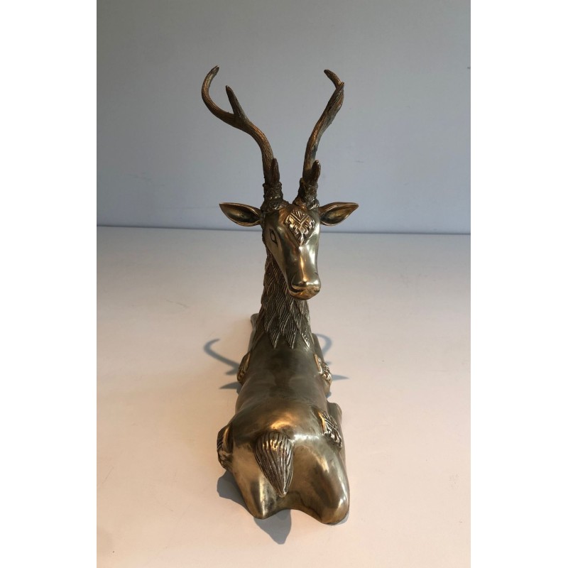 Decorative Bronze Recumbent Stag with Engraved Shamanic Motifs, French circa 1970