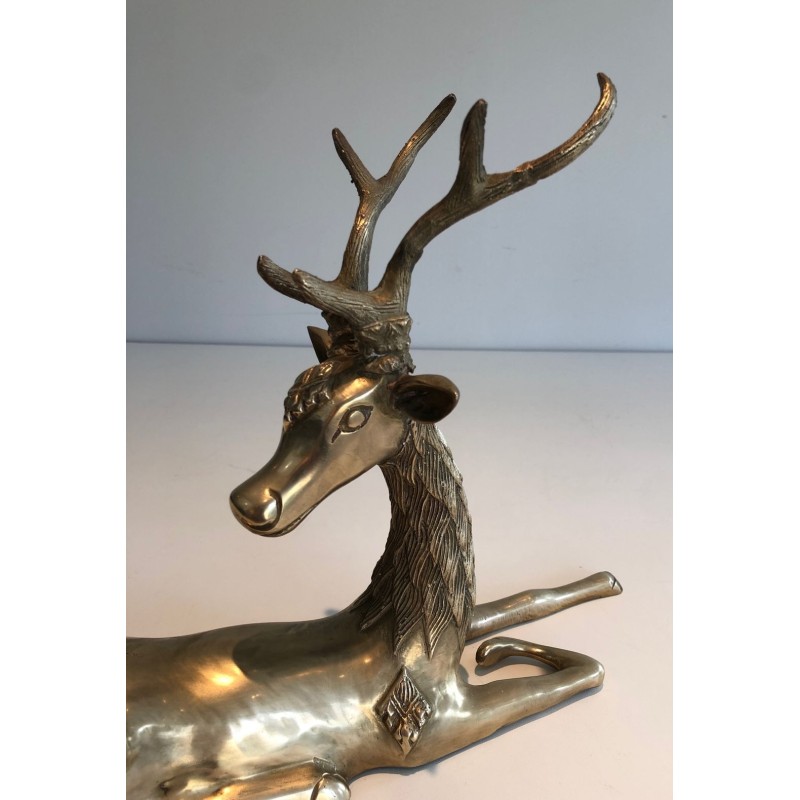 Decorative Bronze Recumbent Stag with Engraved Shamanic Motifs, French circa 1970
