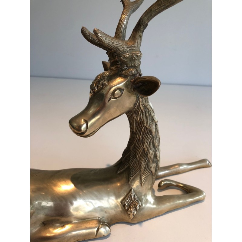 Decorative Bronze Recumbent Stag with Engraved Shamanic Motifs, French circa 1970