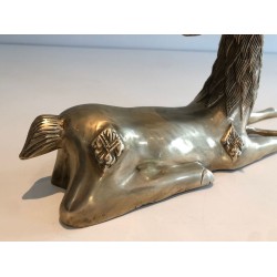 Decorative Bronze Recumbent Stag with Engraved Shamanic Motifs, French circa 1970