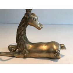Decorative Bronze Recumbent Stag with Engraved Shamanic Motifs, French circa 1970