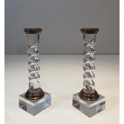 Pair of Modernist Twisted Lucite and Silver-Plated Candlesticks, French circa 1970