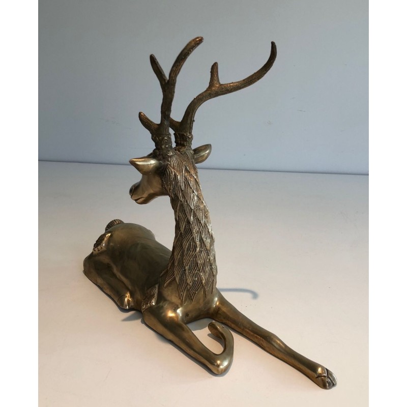 Decorative Bronze Recumbent Stag with Engraved Shamanic Motifs, French circa 1970