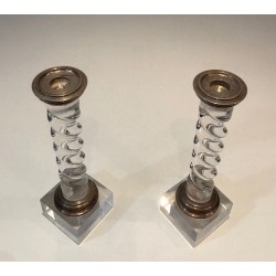Pair of Modernist Twisted Lucite and Silver-Plated Candlesticks, French circa 1970