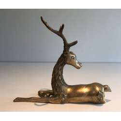 Decorative Bronze Recumbent Stag with Engraved Shamanic Motifs, French circa 1970