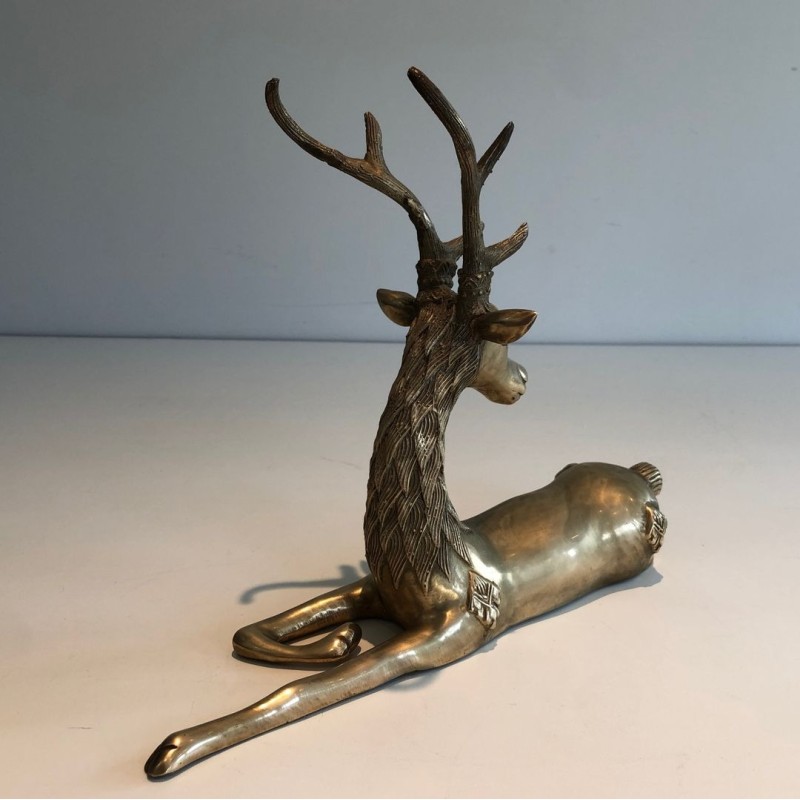 Decorative Bronze Recumbent Stag with Engraved Shamanic Motifs, French circa 1970