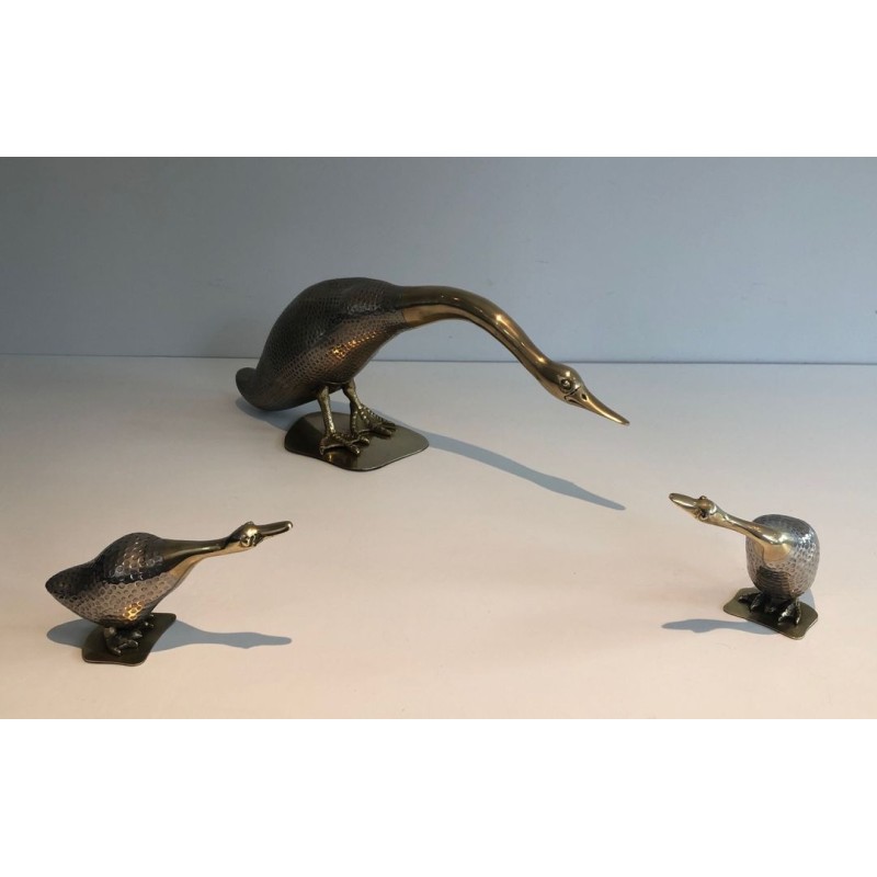 Set of a Duck and Two Ducklings in Silvered Metal and Brass, French circa 1970