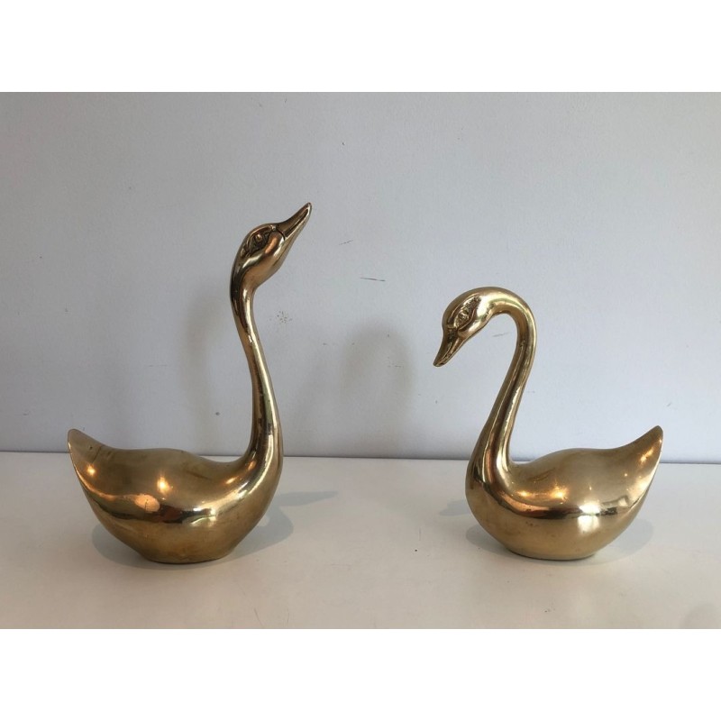 Pair of Polished Brass Swan Sculptures, French circa 1970