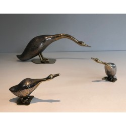 Set of a Duck and Two Ducklings in Silvered Metal and Brass, French circa 1970