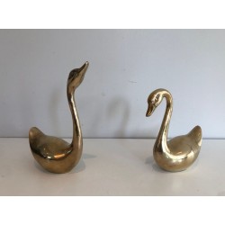 Pair of Polished Brass Swan Sculptures, French circa 1970